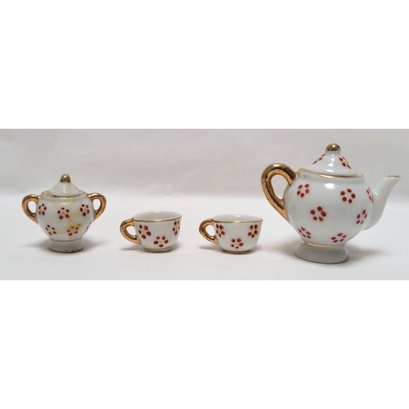 Vintage 8 Piece Miniature Maruyama Hand Painted Porcelain Tea Set Red Flowers - Picture 4 of 9